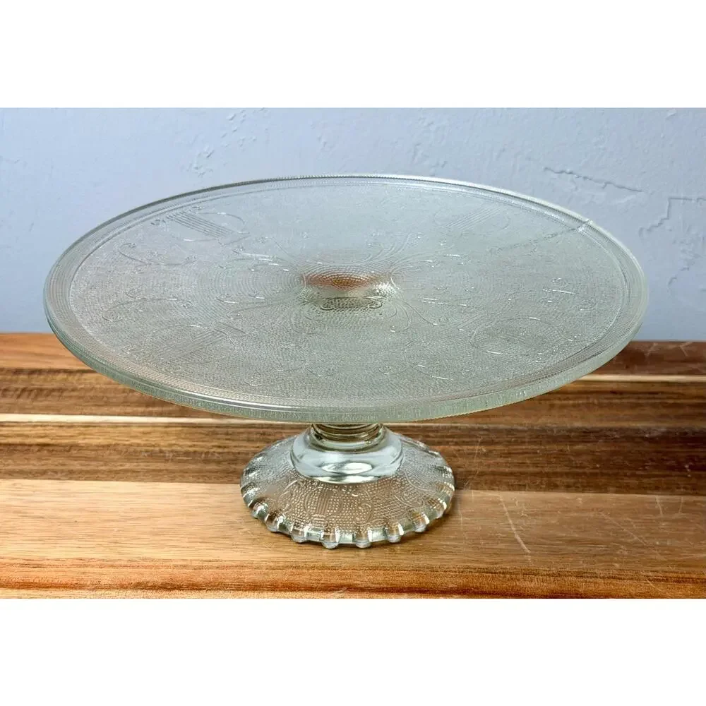 Vintage Jeannette Harp Lyre Cake Stand | Mid Century Pressed Glass Dessert